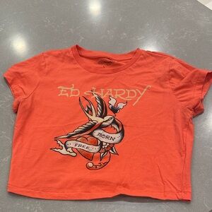 Ed Hardy Orange Crop Tee with Tattoo Bird Graphic